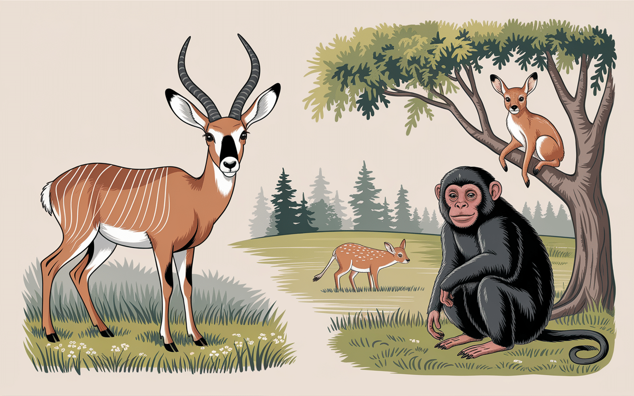 illustration animaux terrestres en n savane félin primate marsupial