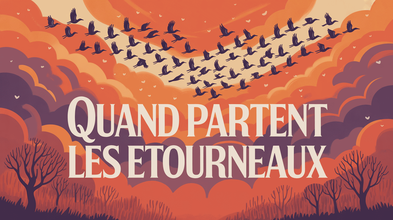 Vol spectaculaire d'étourneaux en formation dense dans un ciel automnal