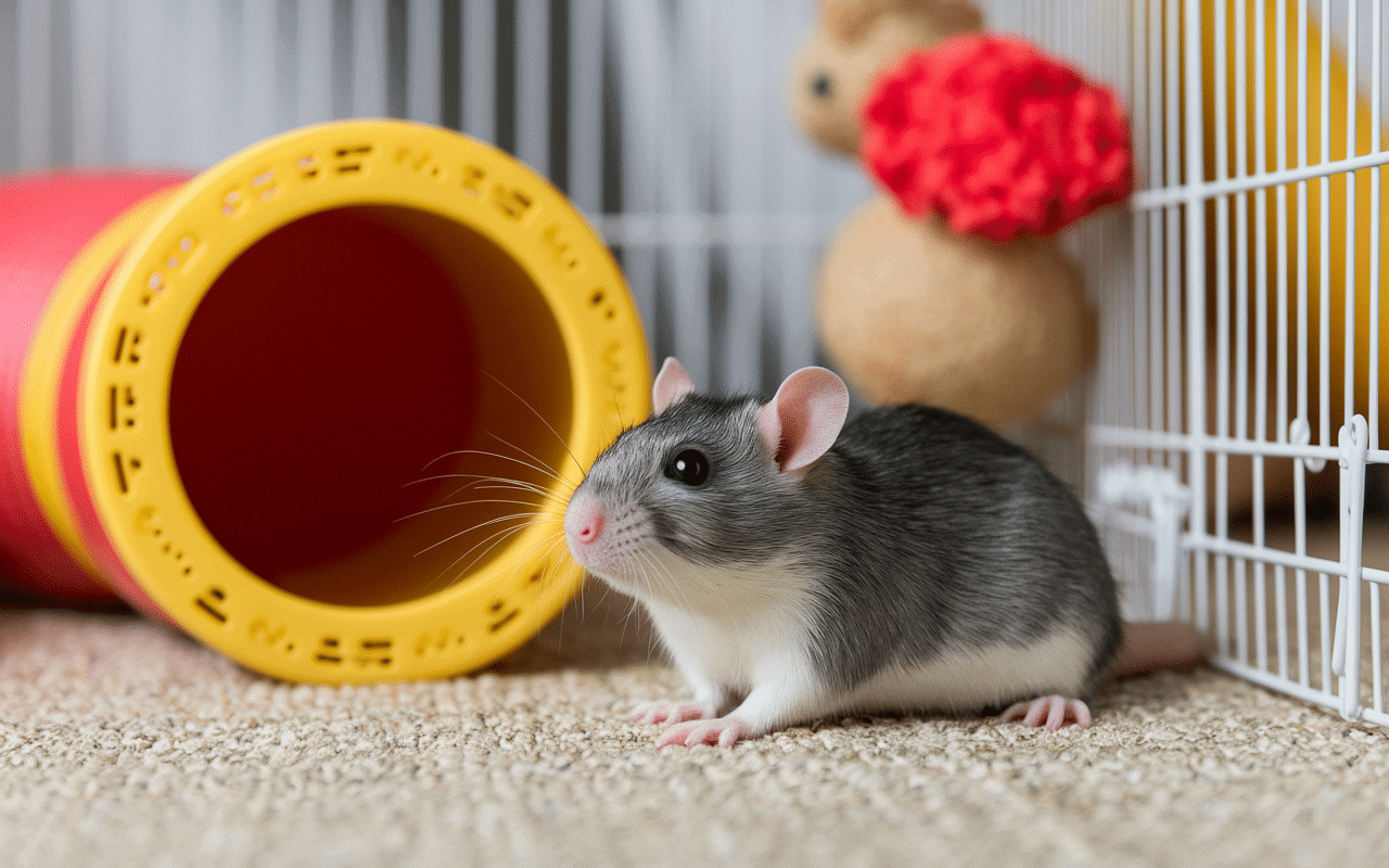 rat dumbo jouant dans habitat avec jouets et roue