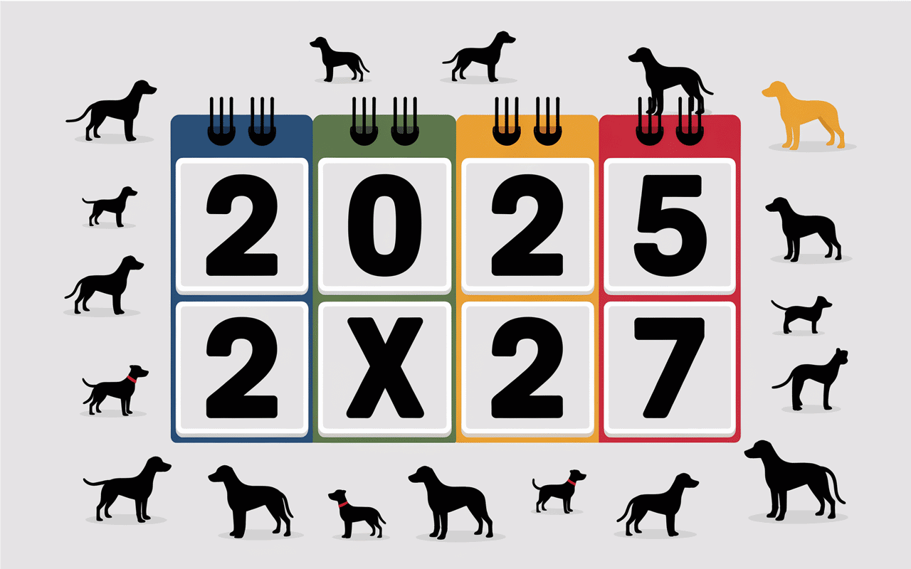 Calendrier années avec lettres et silhouettes chiens
