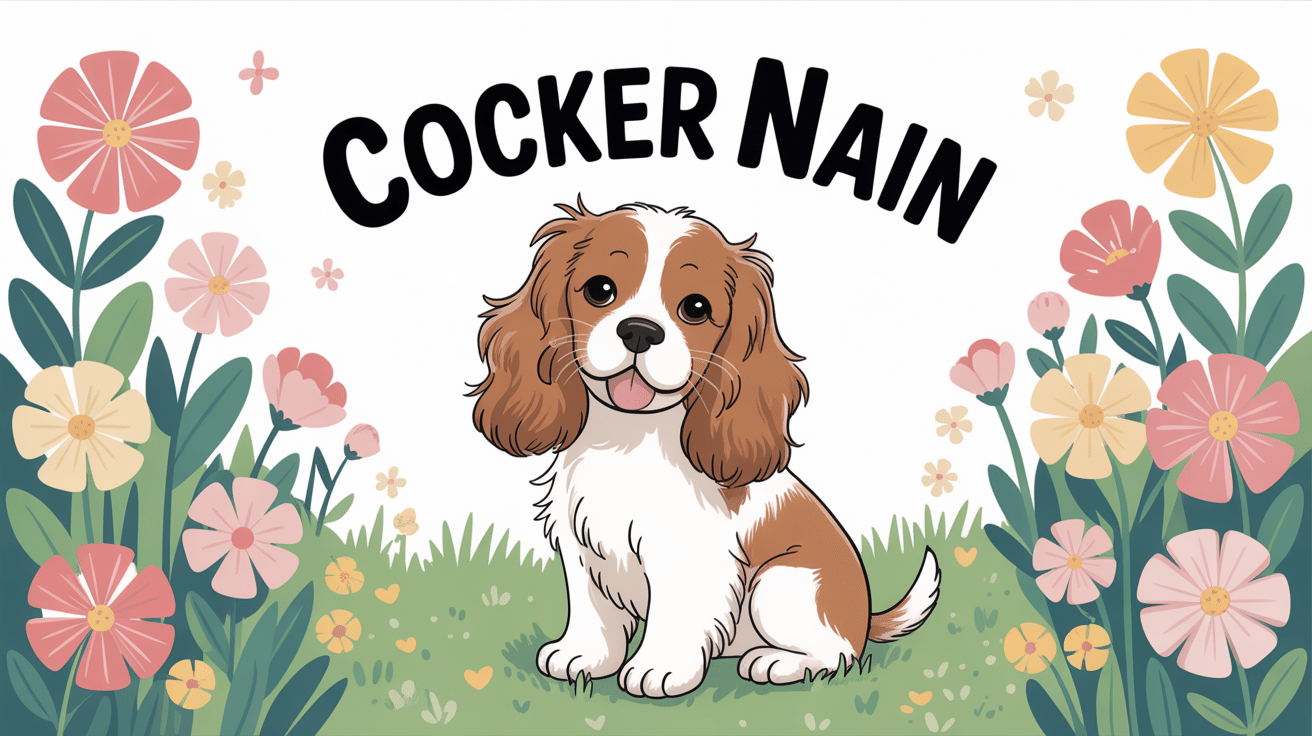 cocker nain dans un jardin fleuri