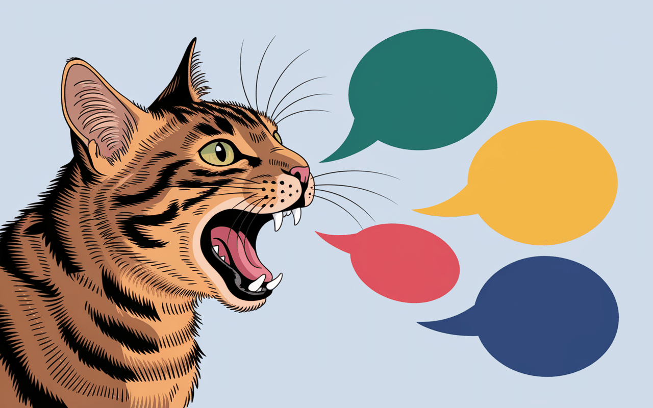 Chat roux miaulant avec bulles sons