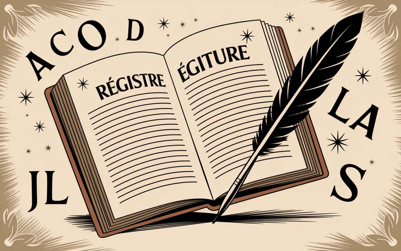 Registre ouvert avec lettres flottantes