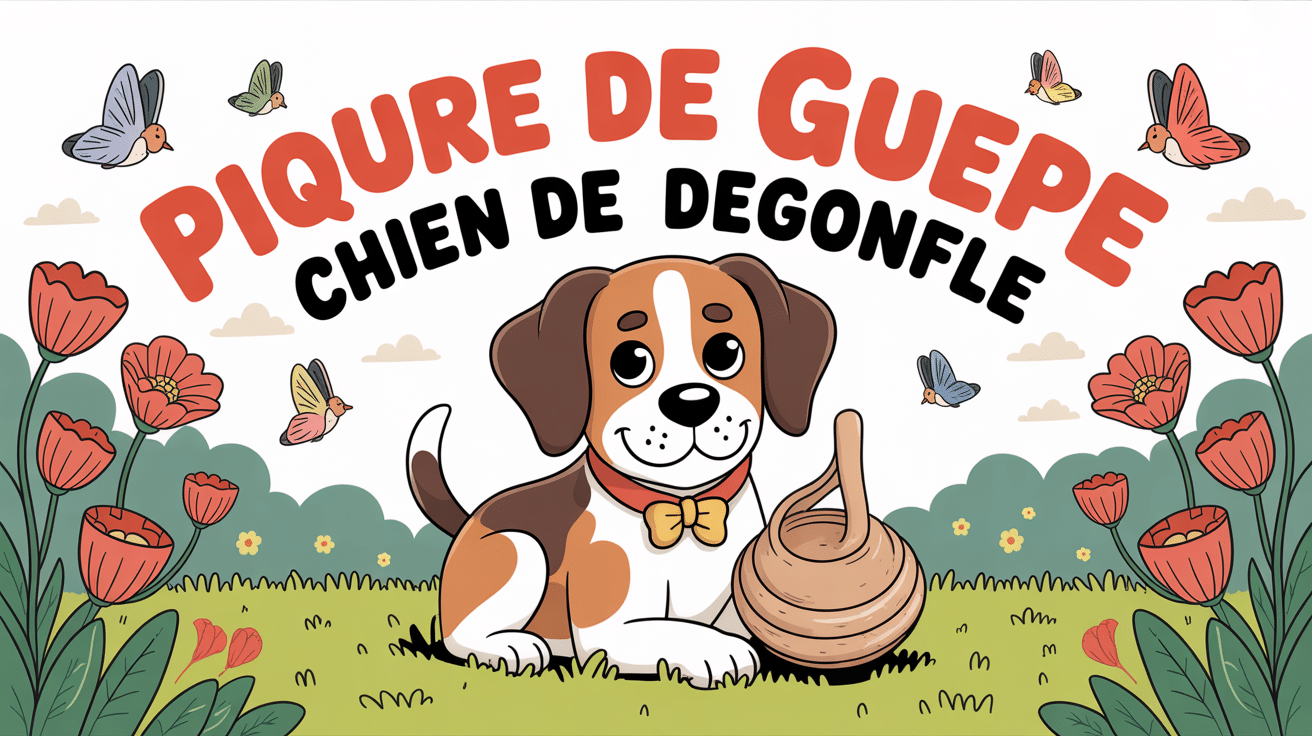 Chien avec museau gonflé et guêpes environnantes en cartoon