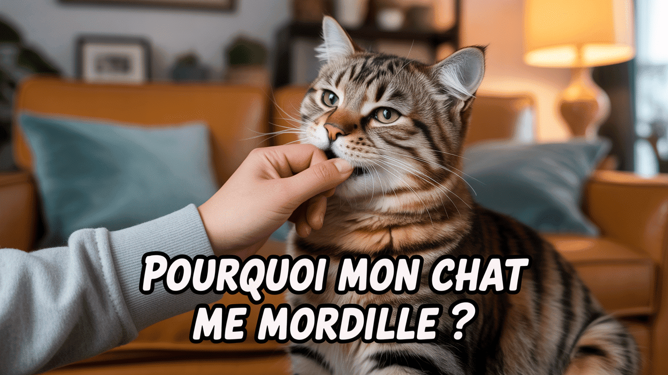 Chat mordillant main dans salon