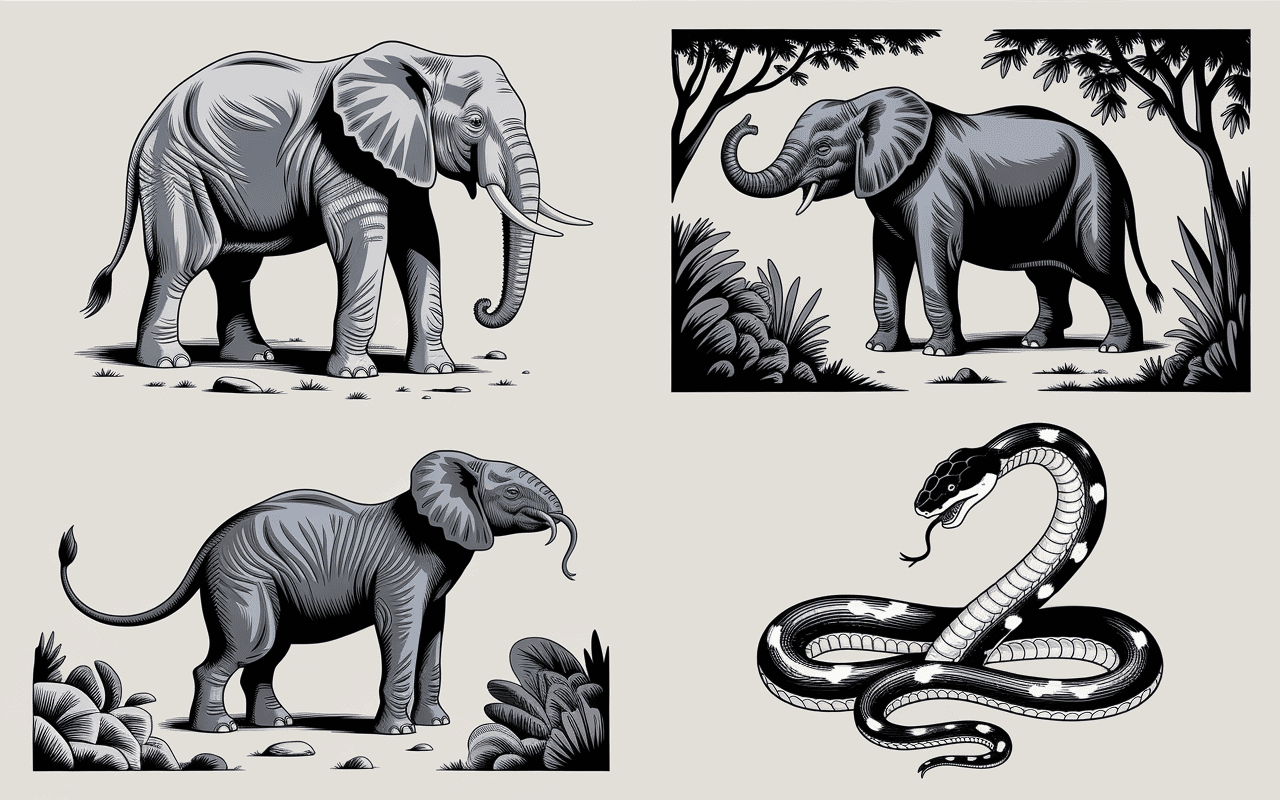 Quatre animaux a peau noire éléphant gorille orque serpent