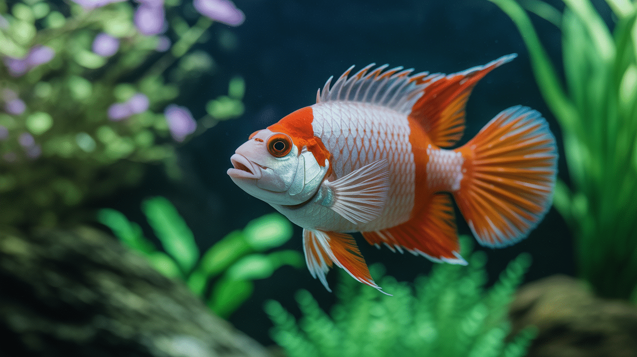 poisson tete de lion nageant aquarium rouge orange