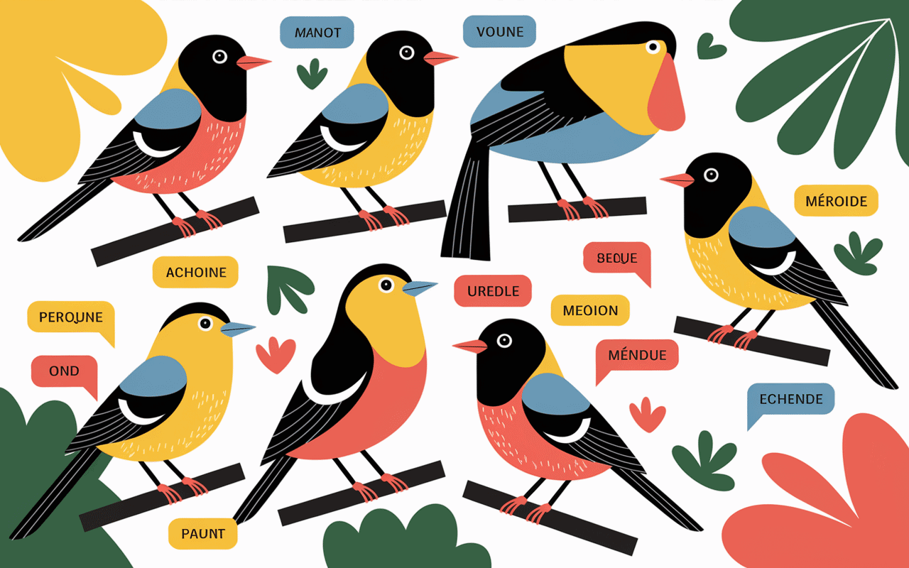 Idées de prénoms pour oiseaux illustrées sur différents oiseaux domestiques