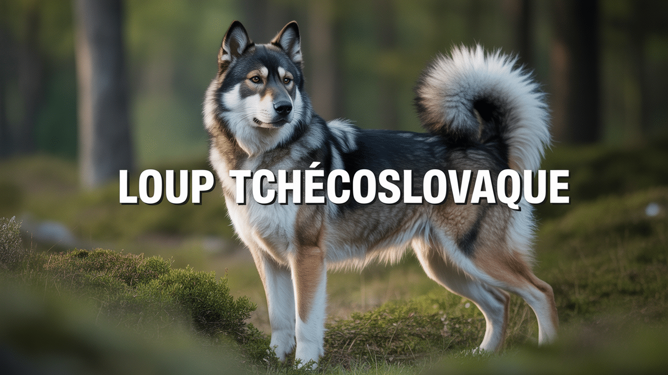 loup tchécoslovaque debout en clairière pelage gris regard intense