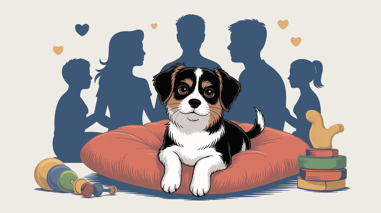 Chien tibetain petit attentif sur coussin avec jouets