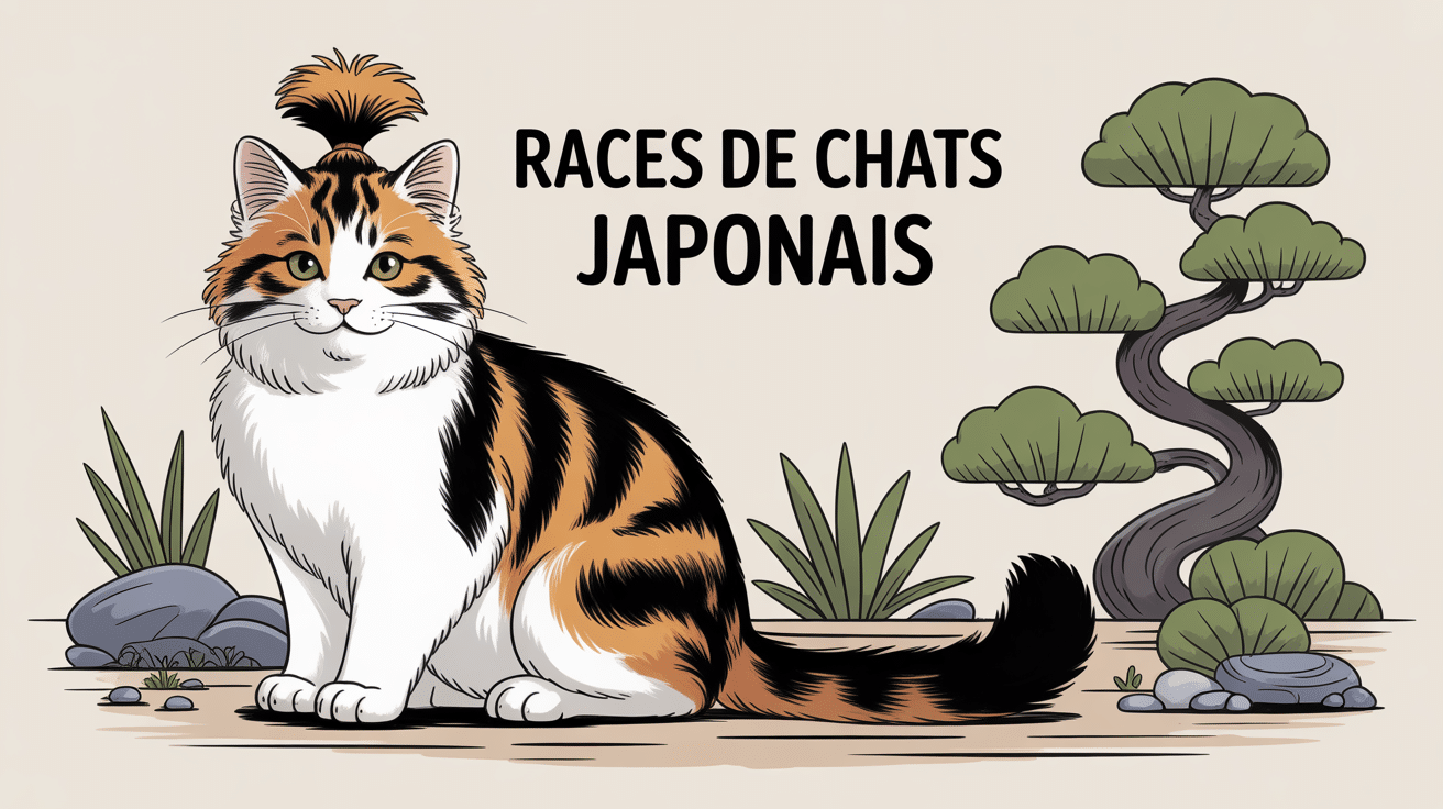 Race chat japonais bobtail tricolore dans jardin zen