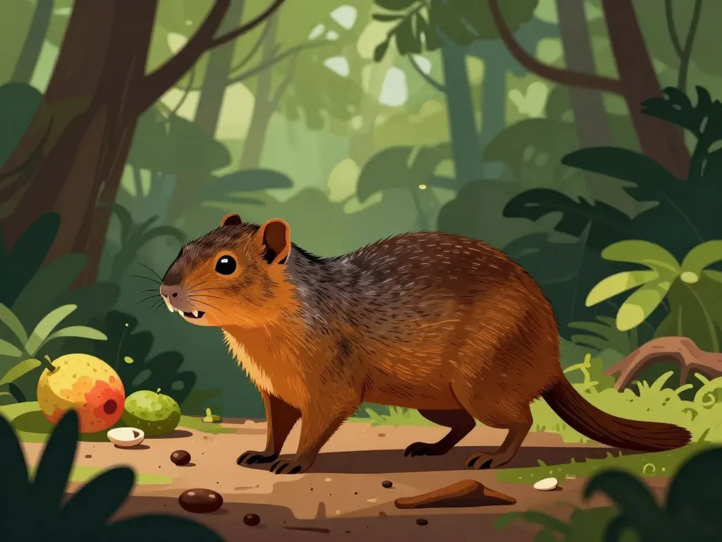 agouti debout au sol forestier, fruits et graines