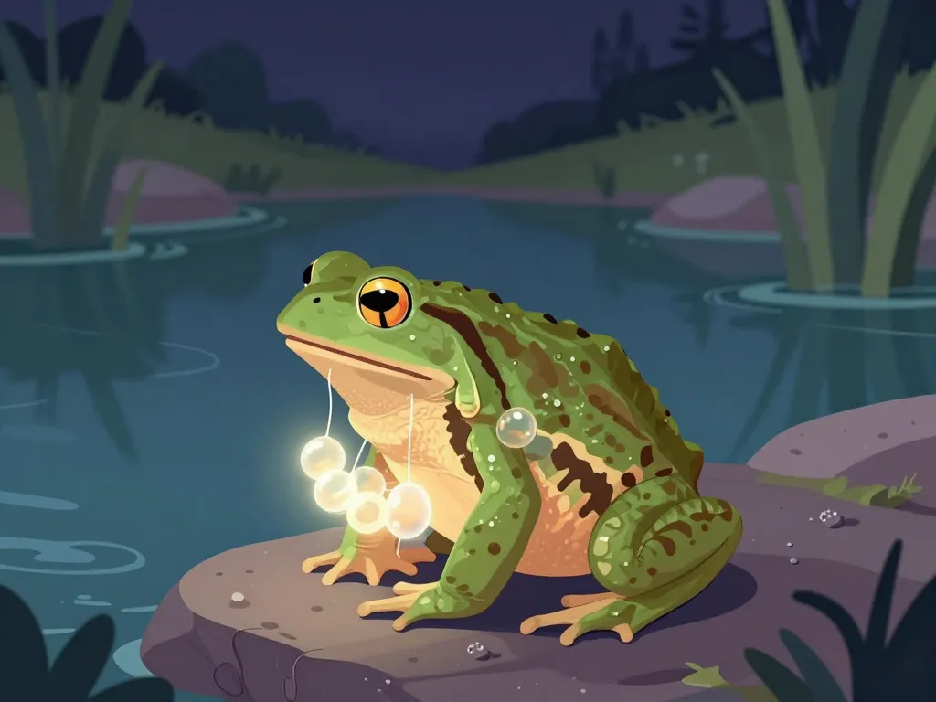 Mâle alyte accoucheur avec chapelets d’œufs près d’une mare, de nuit