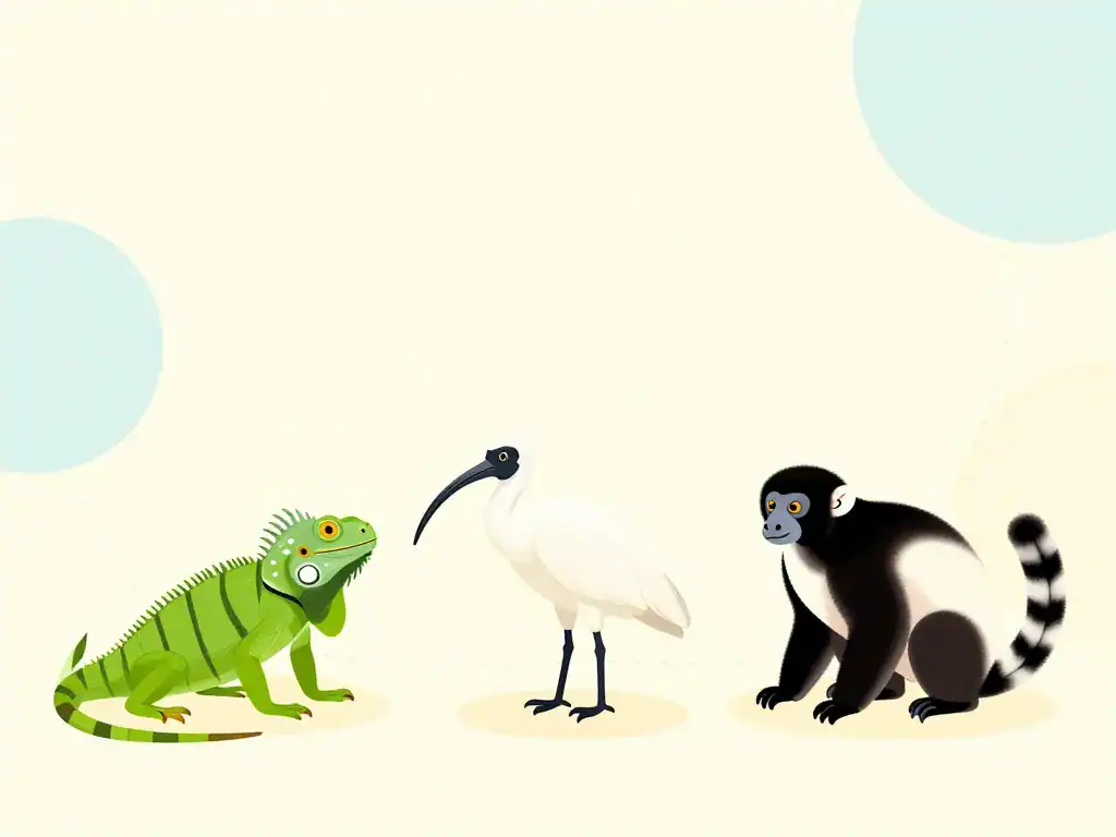 Animal en i : trio iguane ibis indri en illustration