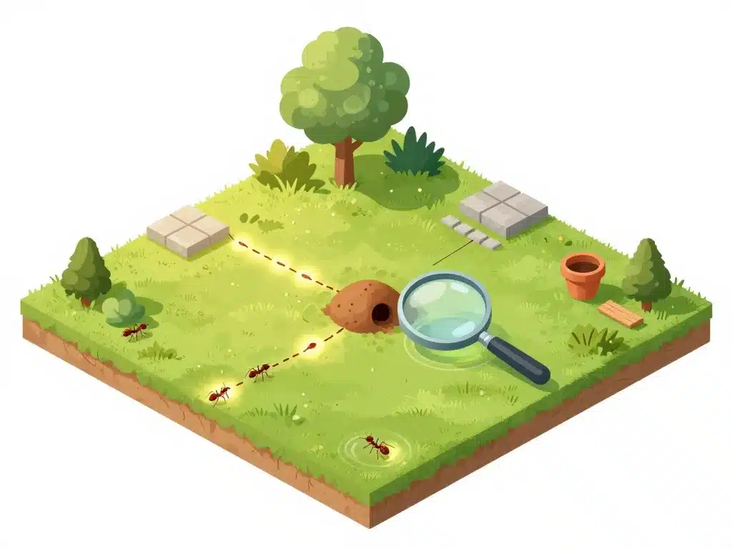 schéma nid fourmi rouge et pistes dans le jardin