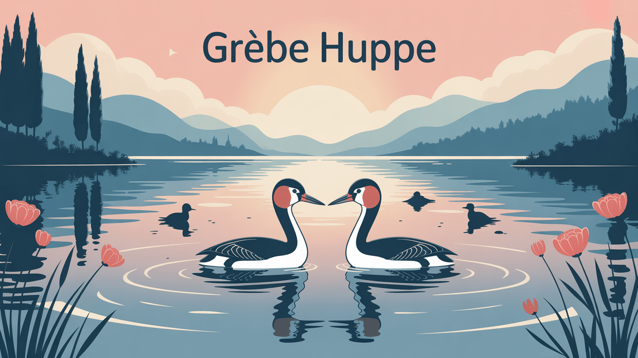grèbe huppé sur lac avec roselières, guide complet