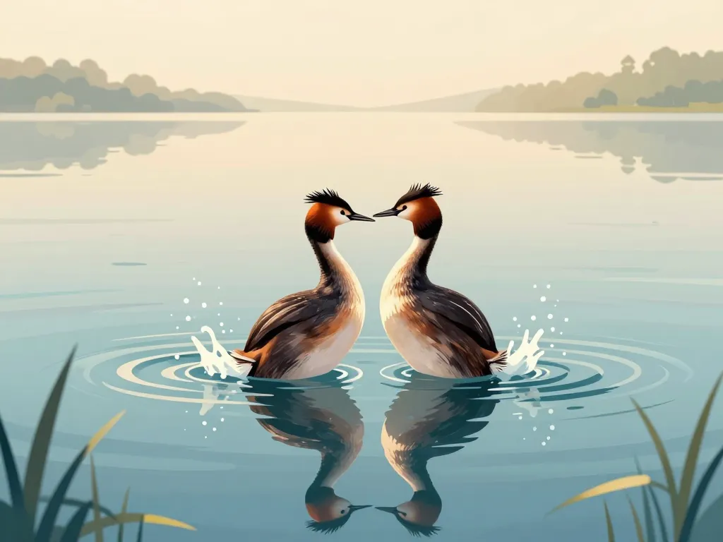 grèbe huppé en parade nuptiale sur lac