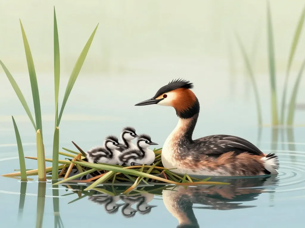 grèbe huppé avec poussins rayés sur le dos près du nid