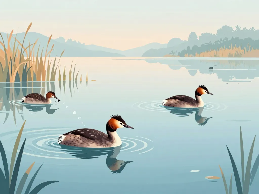 grebe huppé et grebe castagneux en chasse sur lac