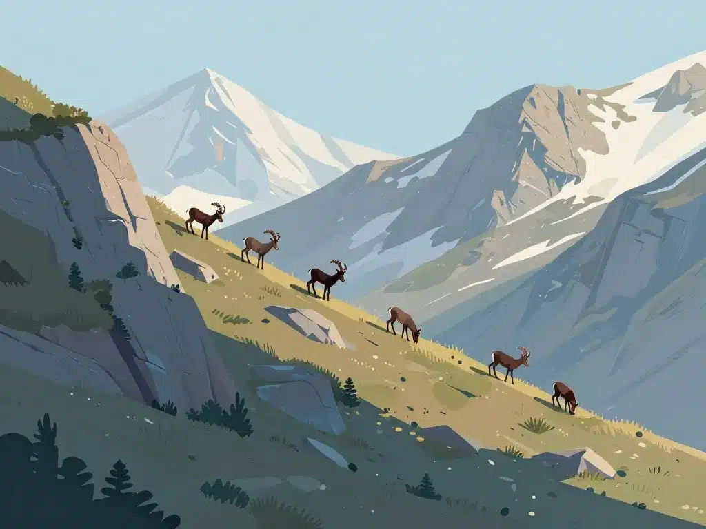 Harde de mouflons sur pentes rocheuses et pelouses alpines