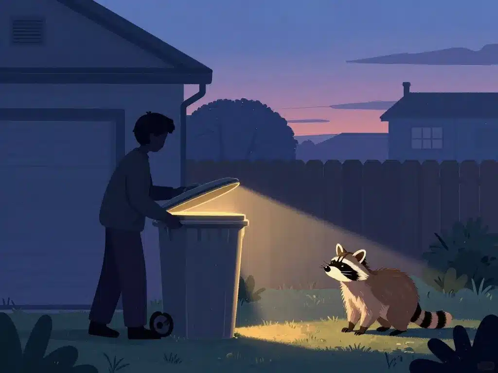 northern raccoon près d’une poubelle sécurisée au crépuscule