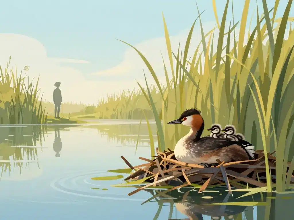 parents grebe avec poussins sur le dos, observateur à distance