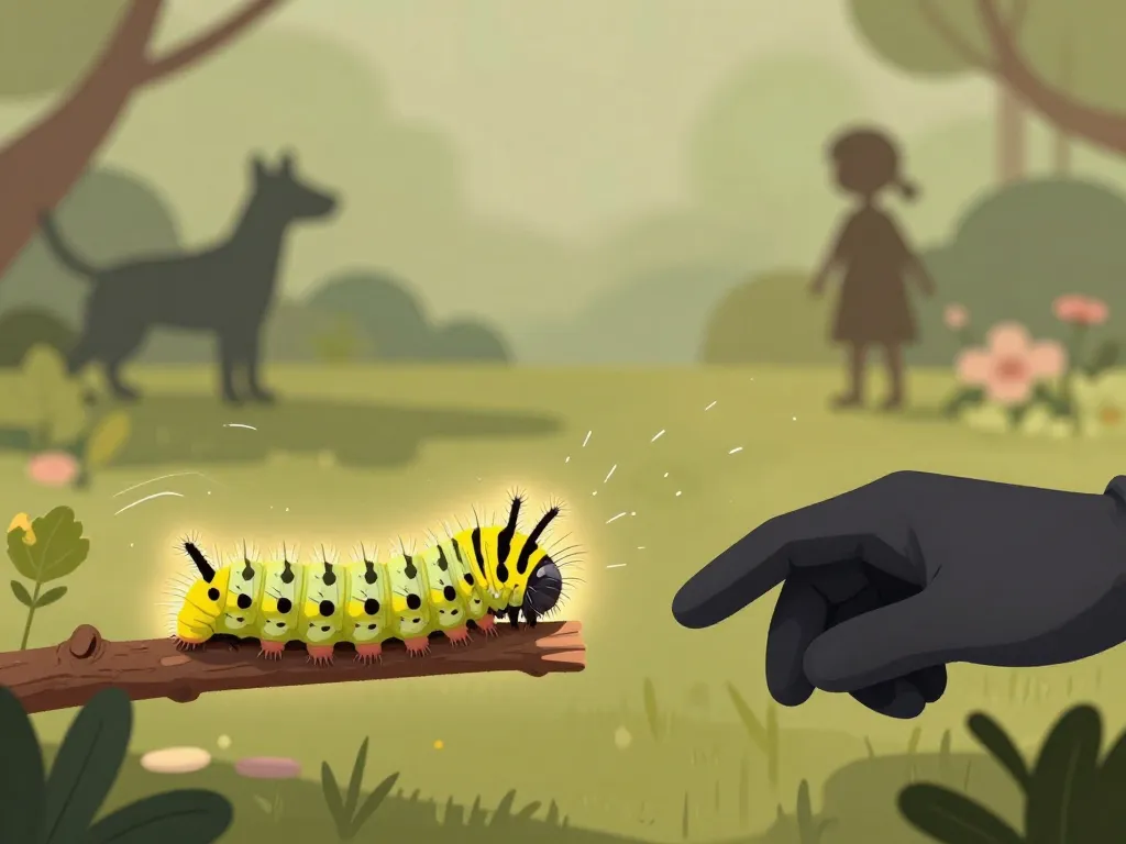 illustration chenille jaune et noir et main gantee a distance