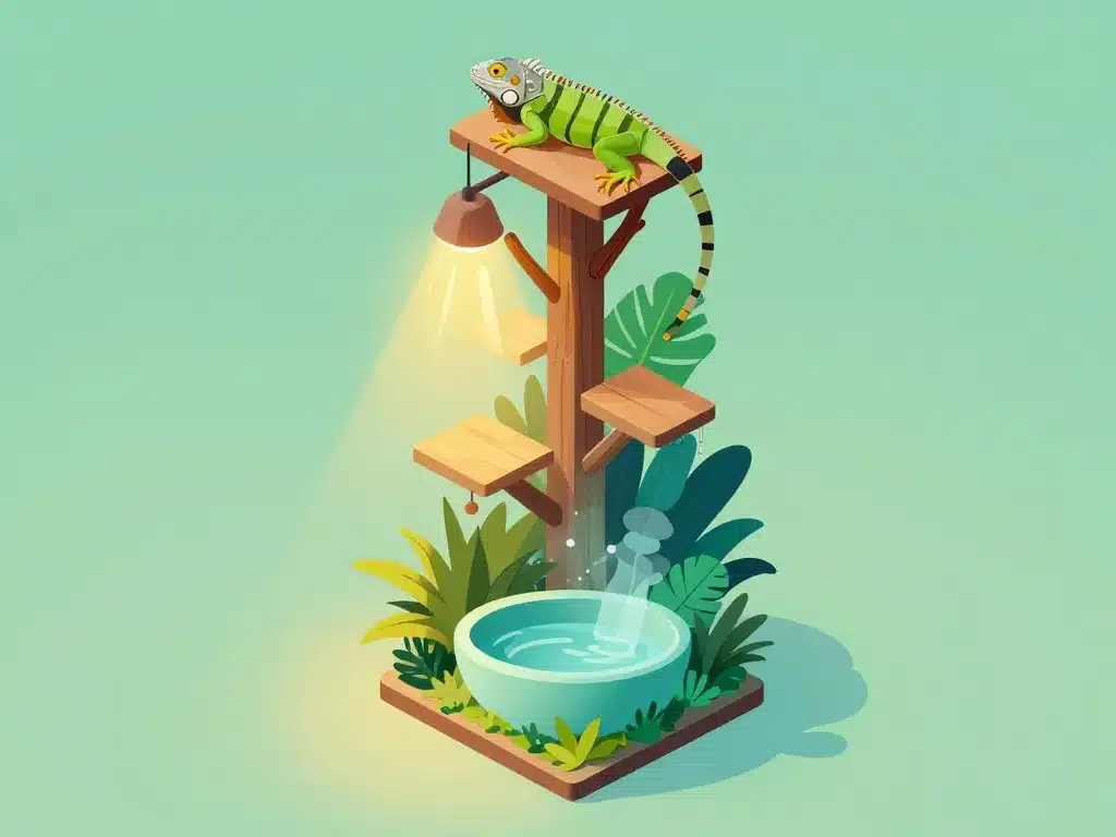 Schéma terrarium iguane vert common iguanas avec branches, eau et humidité