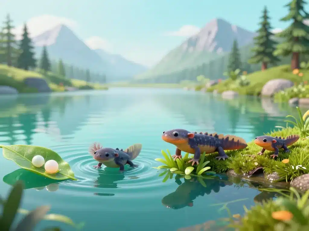 Triton alpestre, œufs larve adulte juvénile en mare alpine