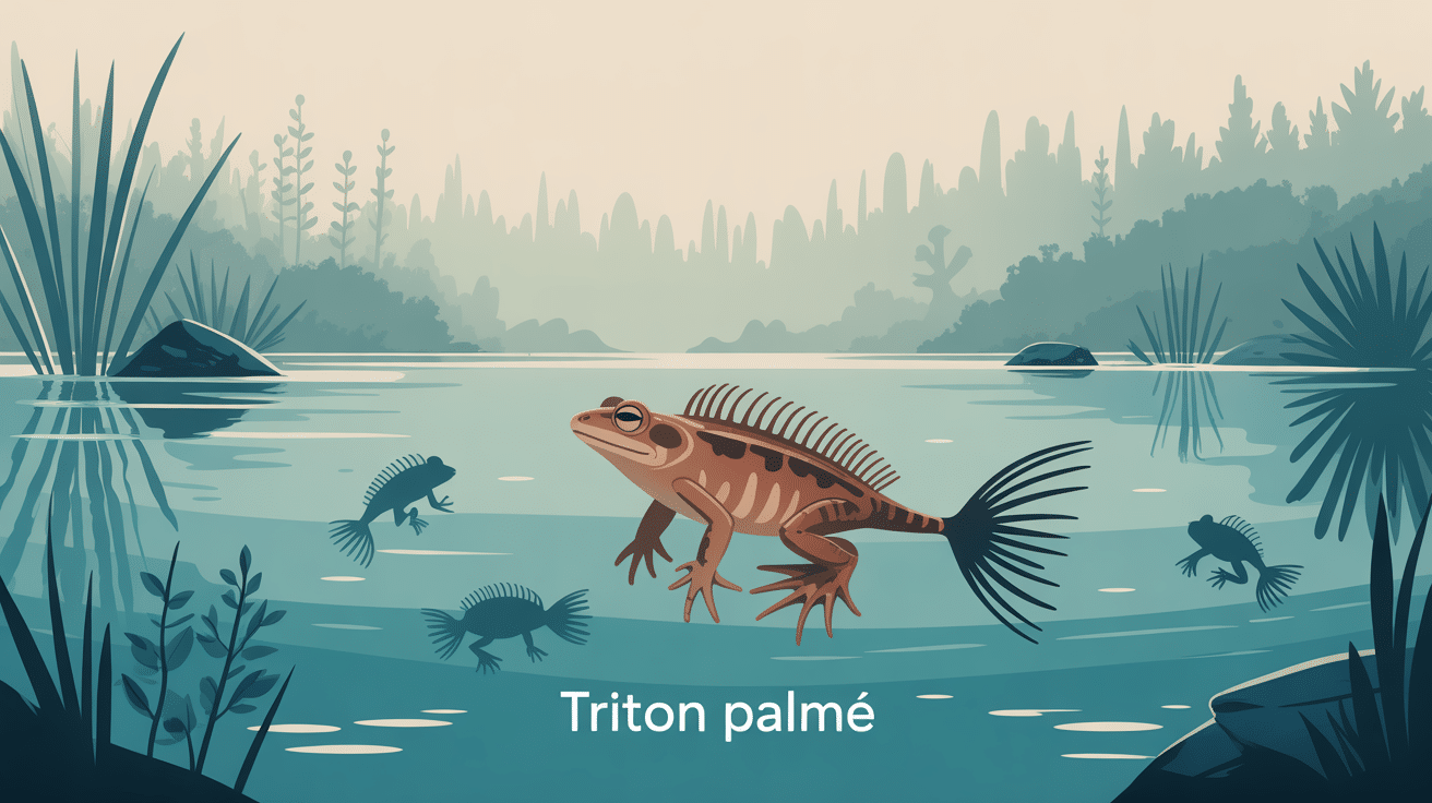 triton palmé dans une mare forestière, mâle avec filament caudal