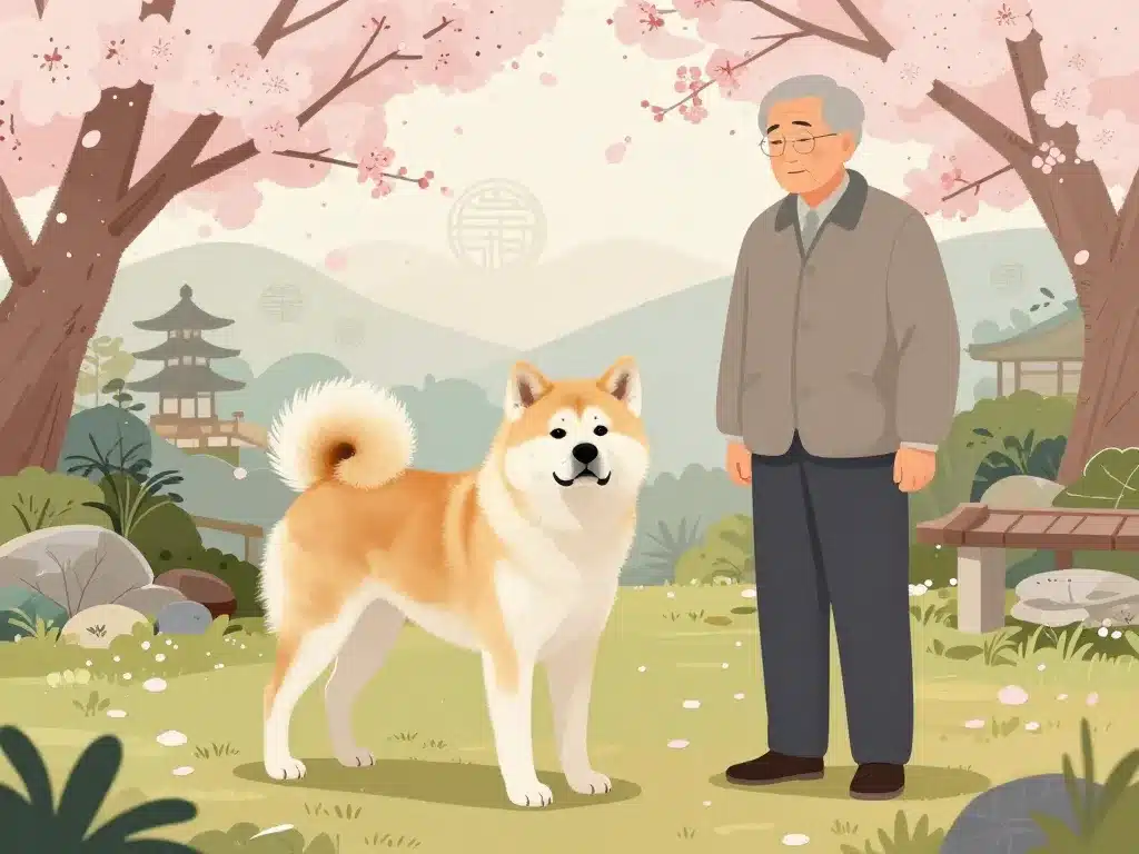 akita chien japonais au jardin japonais avec maitre