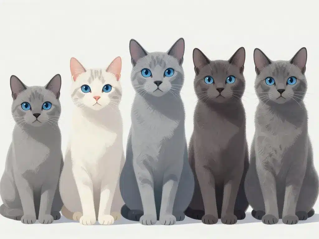 Différentes races de chats gris aux yeux bleus alignées