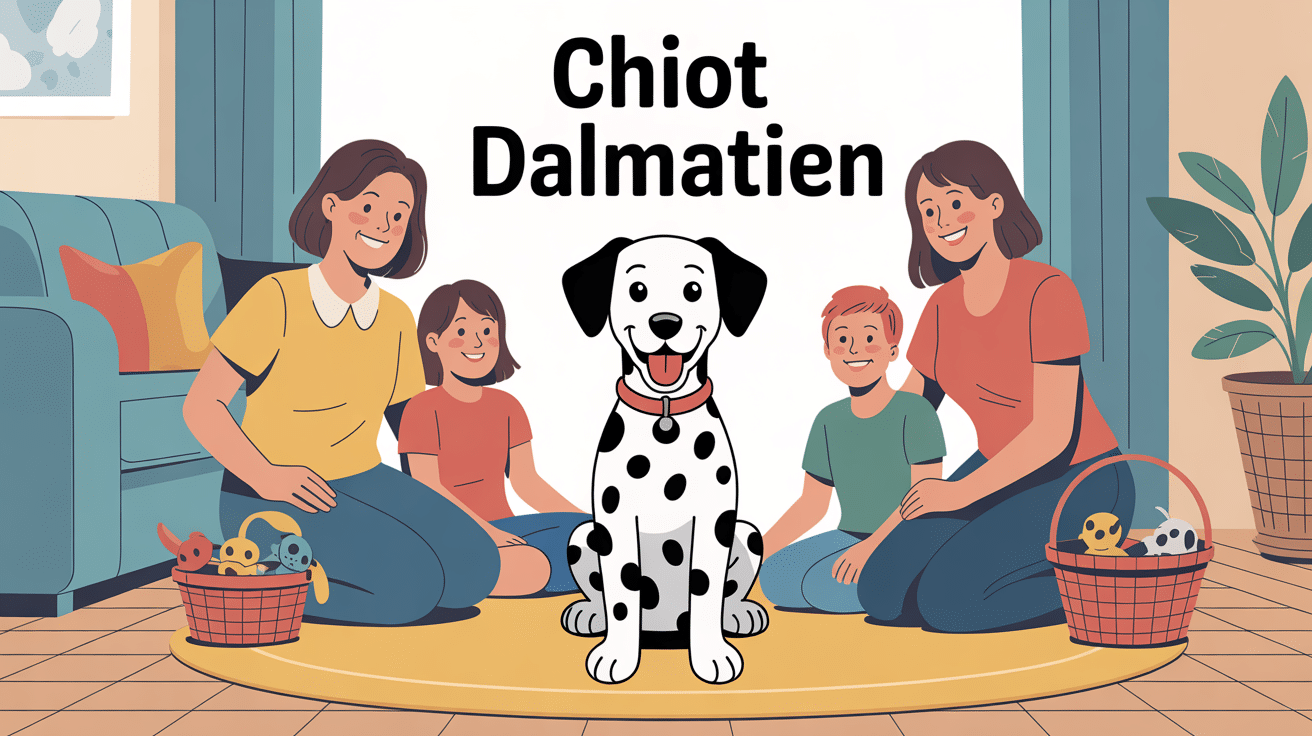 chiot dalmatien accueilli par une famille souriante