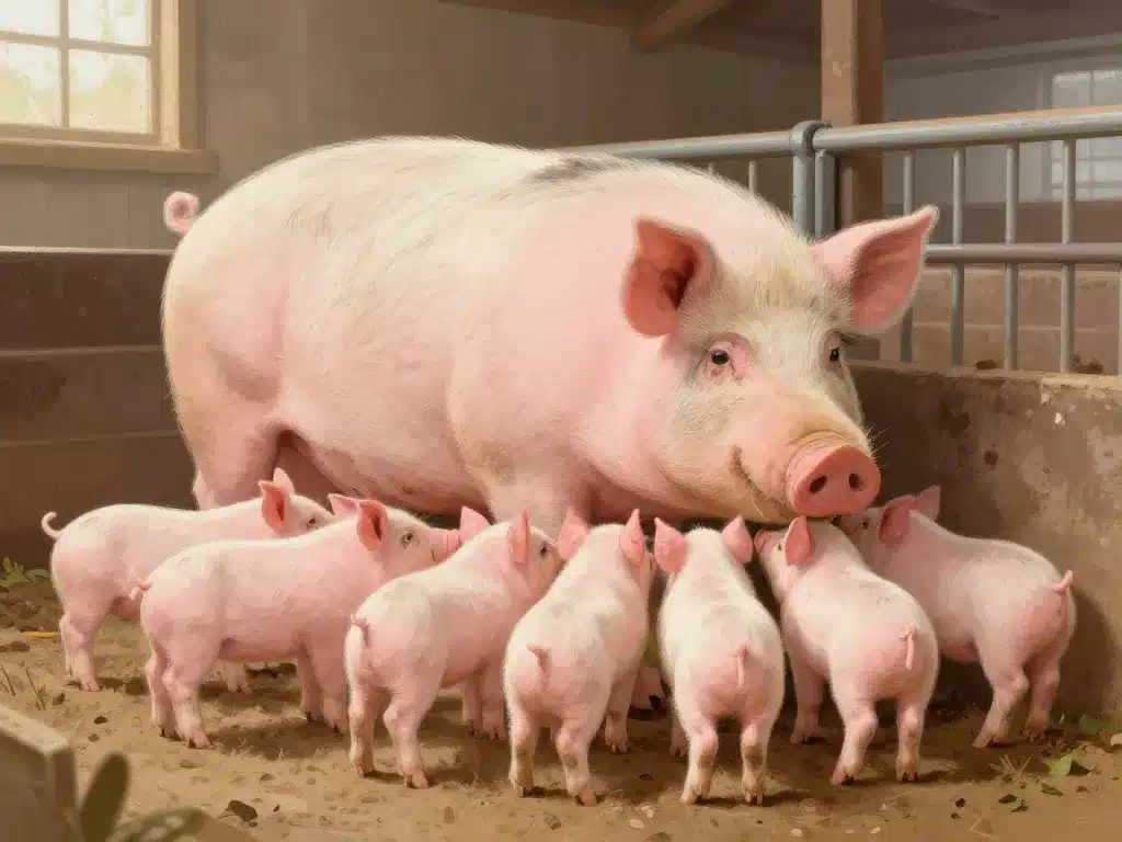 Truie femelle du cochon nourrissant ses porcelets en élevage