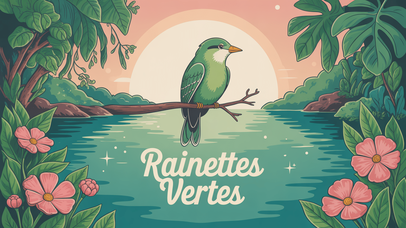 Illustration rainettes vertes sur branche au-dessus mare