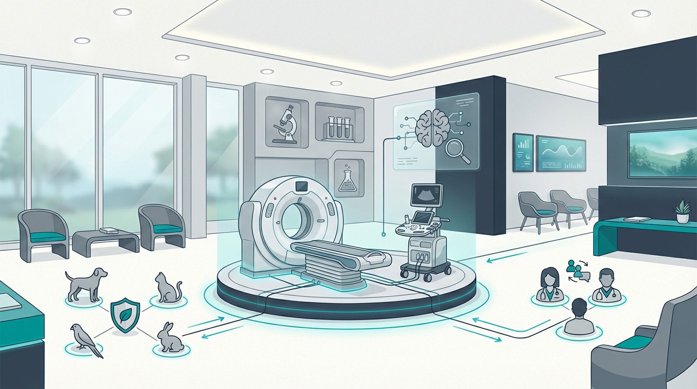 Vétérinaires collaborant autour d'un équipement d'imagerie médicale de pointe