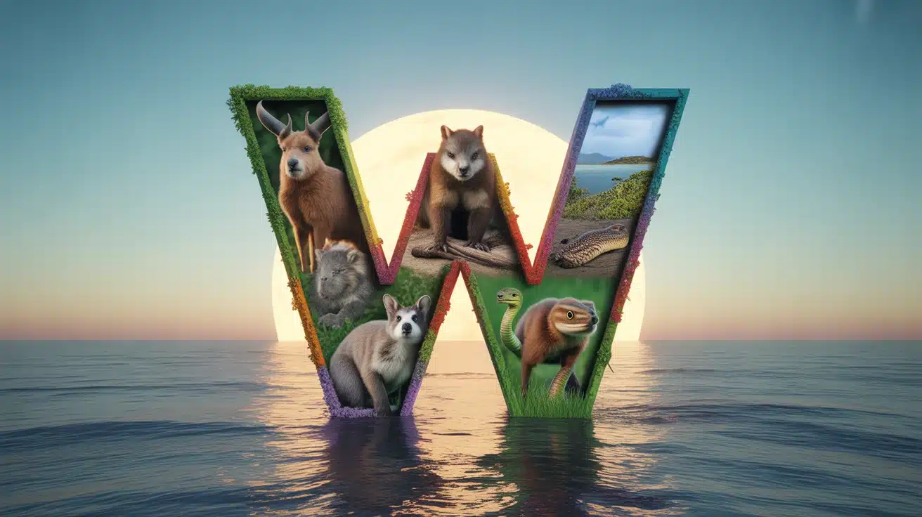 Animaux en W : couverture avec wapiti, wombat, wallaby