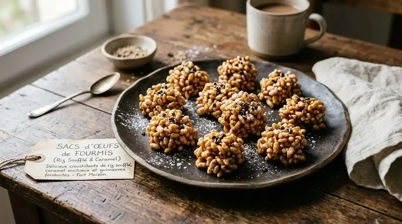 Assiette de bouchées sucrées au riz soufflé et chamallows, appelées 'œufs de fourmis'