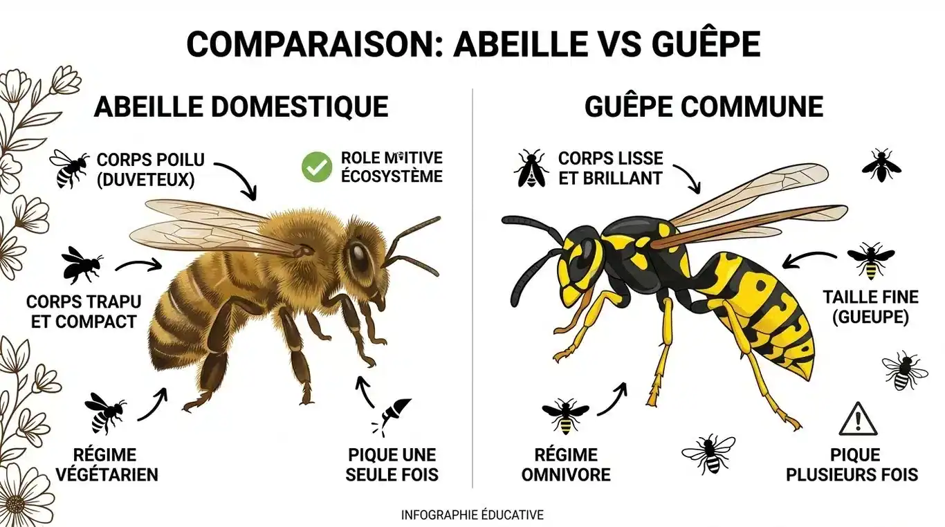 Infographie comparative illustrant les différences physiques et comportementales entre une abeille et une guêpe pour une identification rapide.
