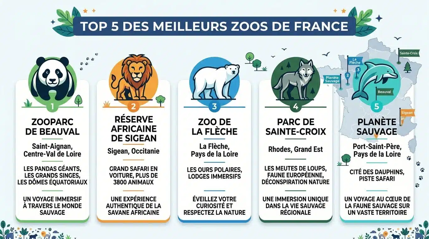 Infographie récapitulative des principaux parcs animaliers en France et leurs animaux emblématiques.