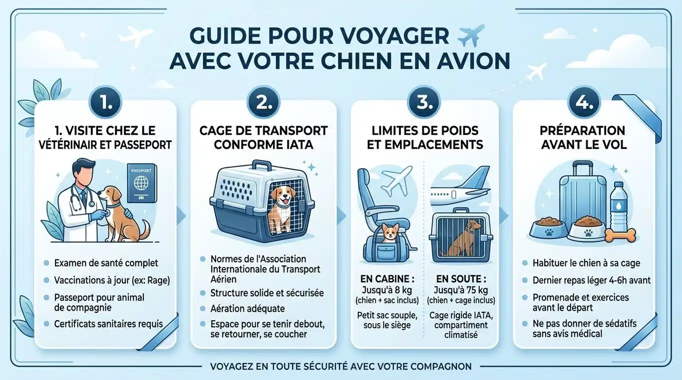Infographie récapitulative : les étapes clés pour voyager avec son chien en avion