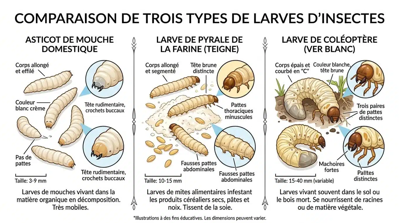 Comparaison visuelle entre un asticot, une larve de mite alimentaire et un ver blanc de jardin pour faciliter l'identification.