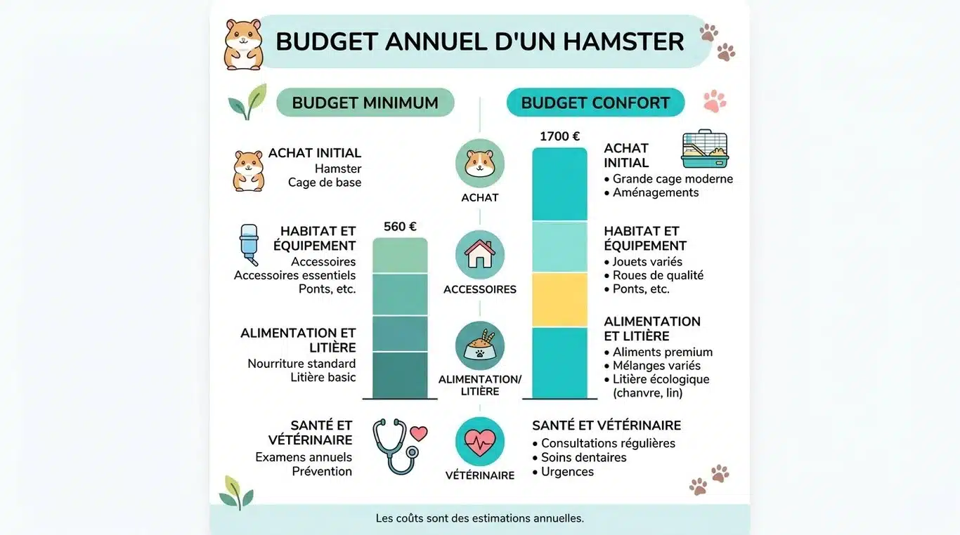 Infographie récapitulative du budget annuel pour l'entretien d'un hamster : achat, équipement et frais courants.