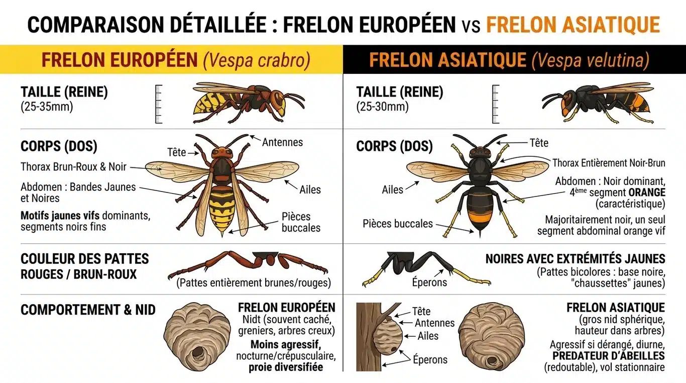 Infographie comparative entre le frelon européen et le frelon asiatique pour faciliter l'identification