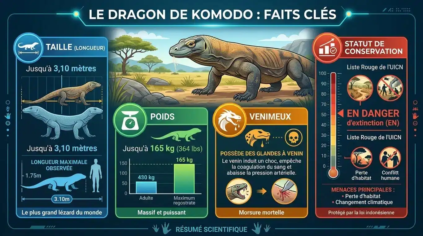 Infographie récapitulative des caractéristiques du dragon de Komodo