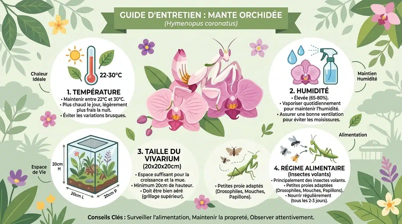 Infographie récapitulative des paramètres d'élevage de la mante orchidée : température, hygrométrie, taille du vivarium et alimentation.