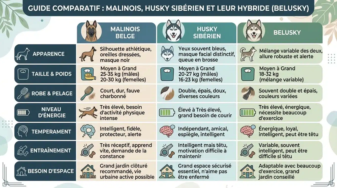 Infographie comparative des caractéristiques du Belusky, du Malinois et du Husky