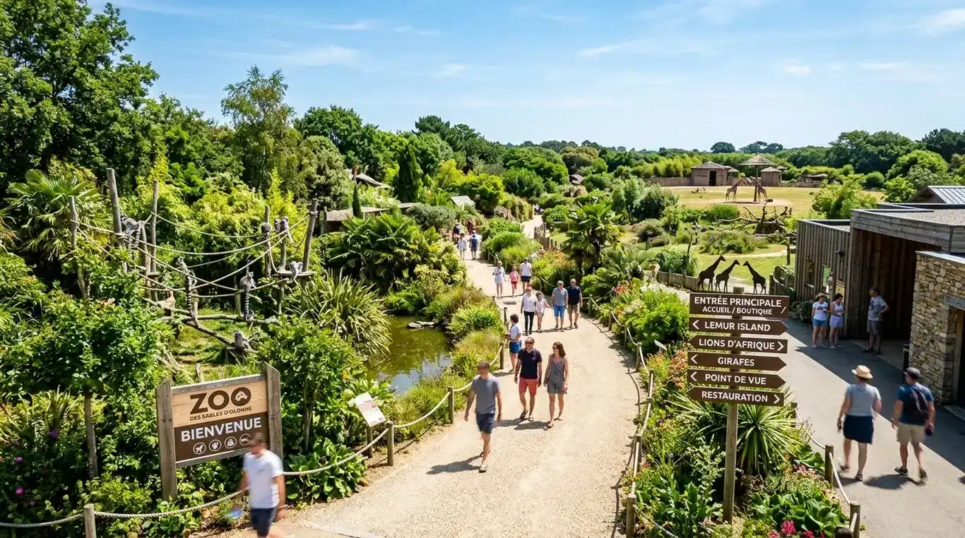 Vue immersive du Zoo des Sables d'Olonne avec sa végétation luxuriante et ses enclos naturels.