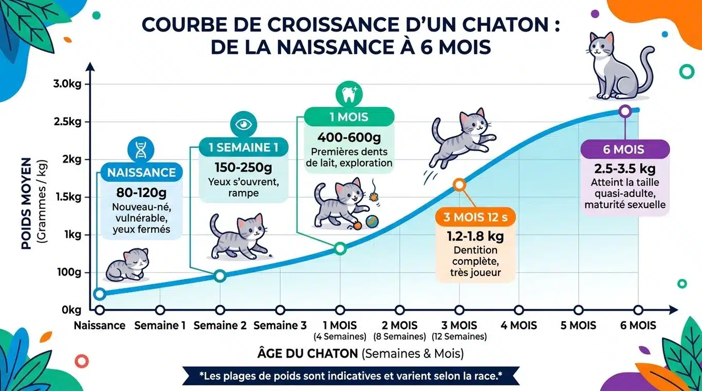Infographie de la courbe de croissance du chaton de la naissance à 6 mois