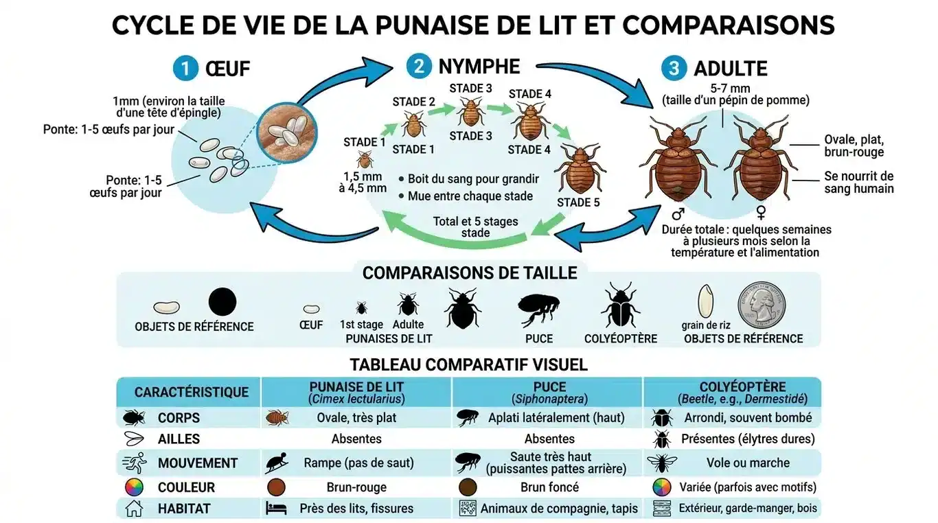 Infographie comparative des stades de développement de la punaise de lit et distinction avec d'autres insectes.